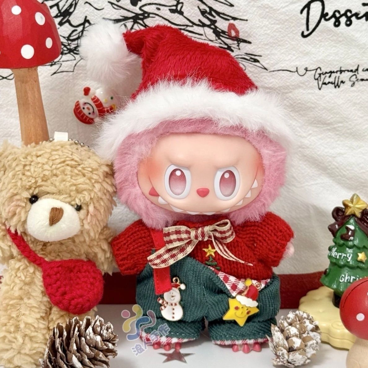 拉布布娃衣圣诞节红色毛衣绿色背带裤套装圣诞装扮17cm搪胶公仔