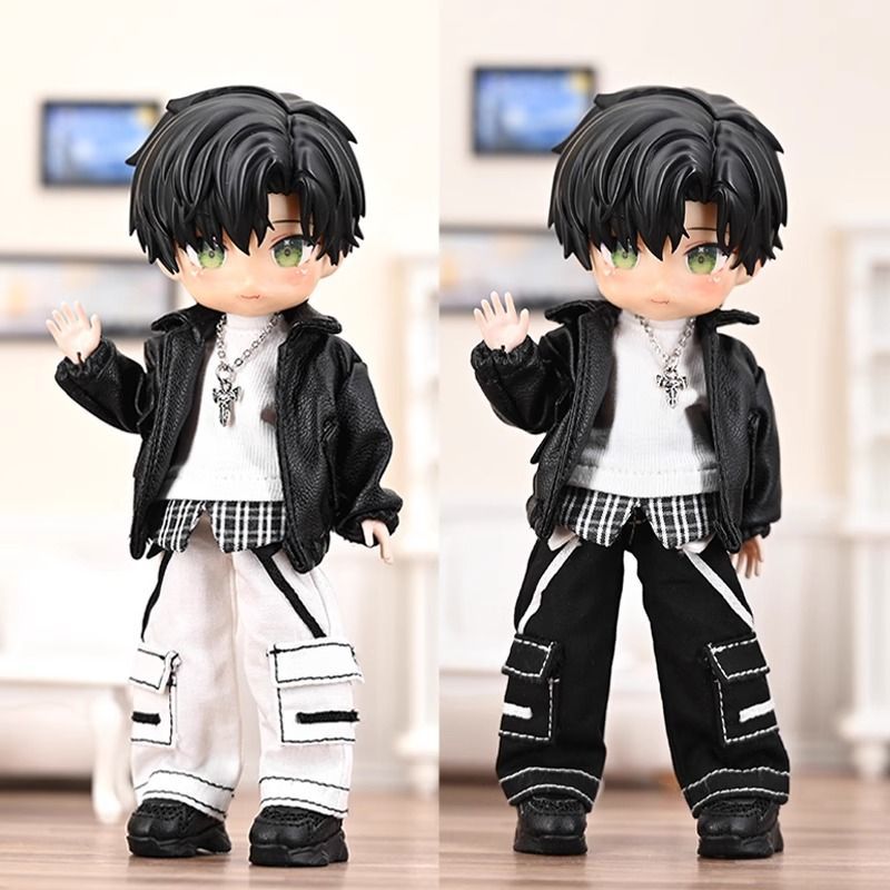 12分娃衣阿巳2.0 黑白工装阔腿裤p10 ymy ob11加长腿裤子娃娃长裤