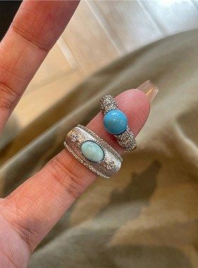 S925银中古拉丝宽面海纹石戒指女轻奢高级感指环叠U戴绿松石食指