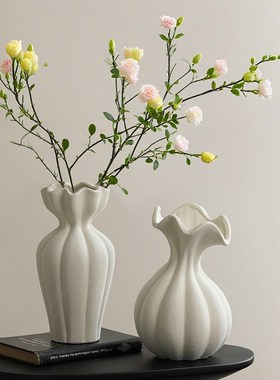法式大花瓶陶瓷侘寂n风白色粗陶高级感摆件餐桌家居复古艺术插花