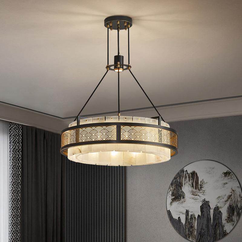 新中式全铜云石吊灯客厅灯别墅复式楼卧室餐厅灯复古大气高档灯具