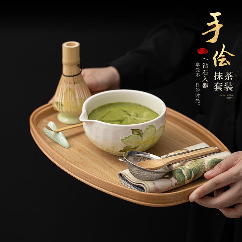手绘陶瓷抹茶八件套宋代抹茶碗茶筅立茶刷百本立粉筛过滤打茶工具