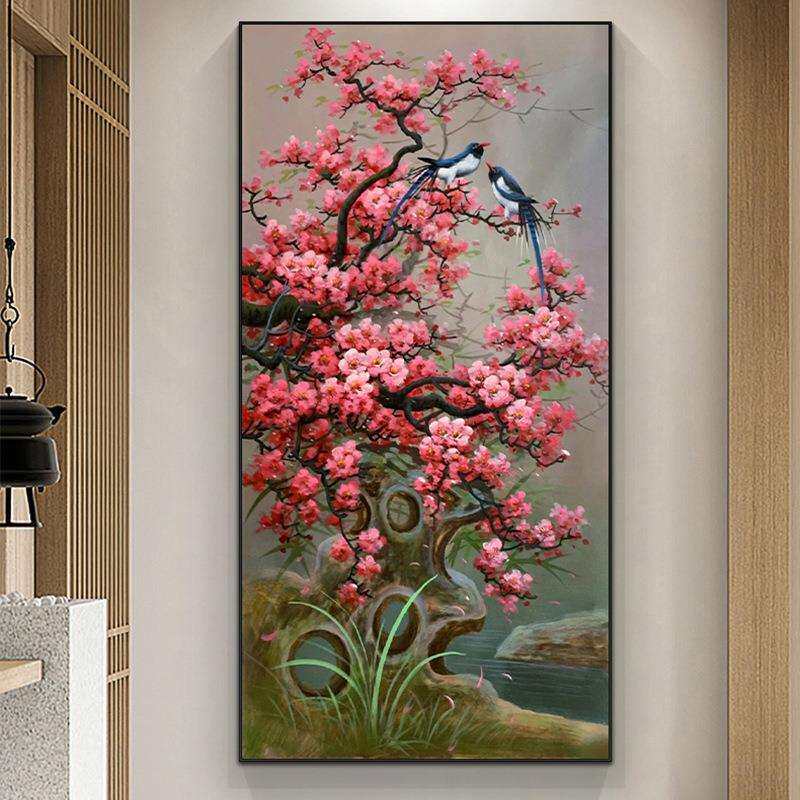 喜上眉梢玄关十字绣2023年新款花鸟图手工线绣走廊喜鹊花卉自己绣