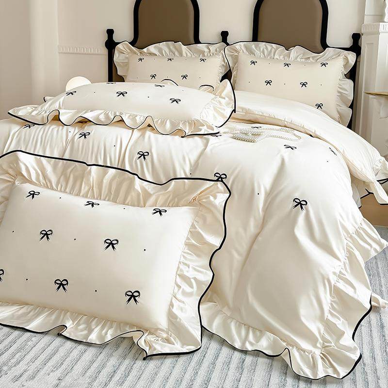 2024春夏全棉绣花四件套公主风纯色刺绣奶油风床单被套全棉斜纹