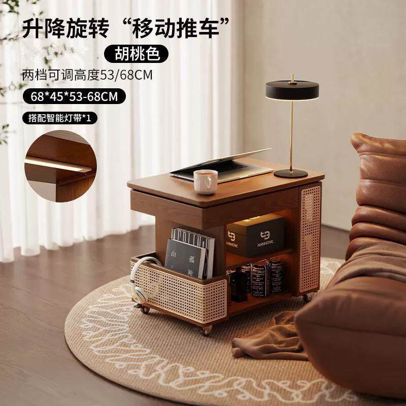 实木家具可移动边几巴士升降茶几家用客厅沙发边柜子中古风小推车