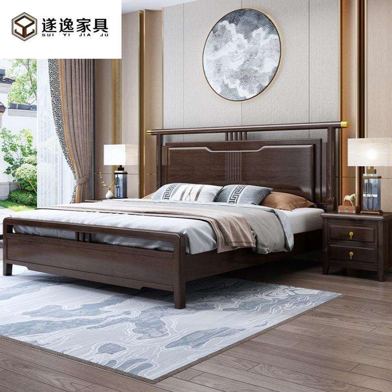 新中式橡胶木实木床1.8米1.5M现代简约靠背储物双人婚床卧室家具