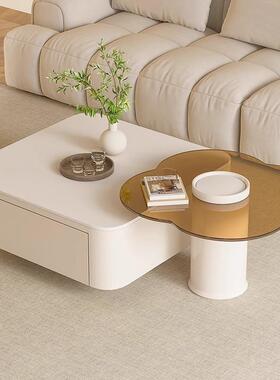 Tal奶油风方形岩板茶几小户型简约现代轻奢花朵玻璃边几客厅家用