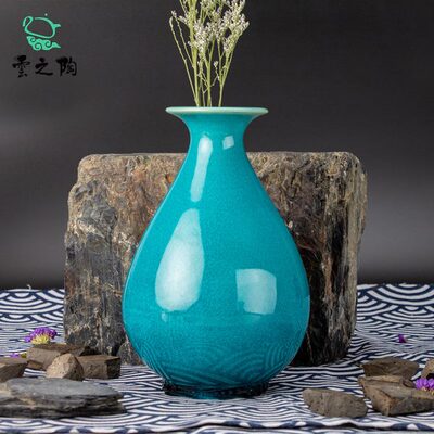 云南华宁陶纯手工孔雀蓝釉开片玉壶春瓶客厅插花瓶家居装饰品摆件