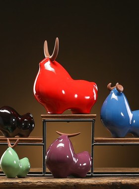 创意陶瓷个性可爱五福牛摆件博古架办公K书房茶室桌面装饰工艺品