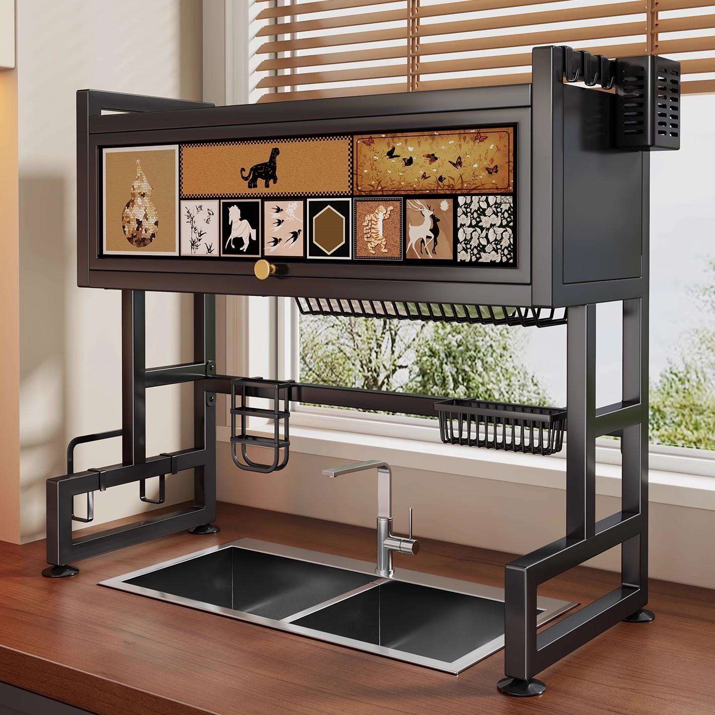 厨房水槽上方置物架家用碗碟收纳架台面洗碗槽水池防尘碗柜沥水架