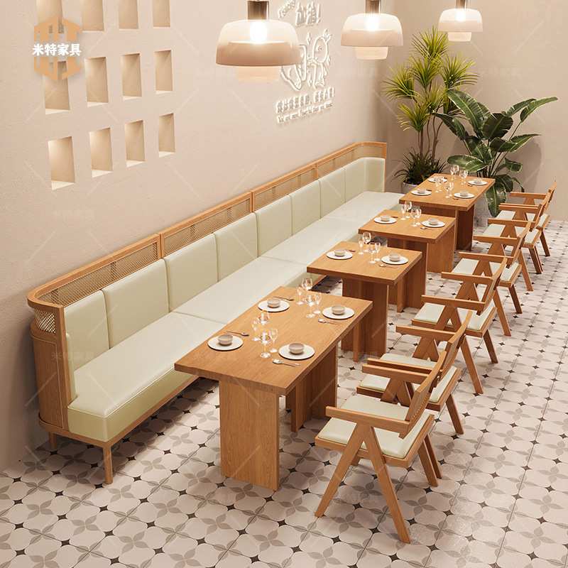 实木主题茶餐厅编藤卡座沙发咖啡厅餐饮日料店西餐厅桌椅组合商用