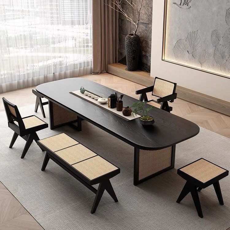 中式藤编茶桌桌椅家用组合办公室功夫泡茶简约实木大板现代长方形