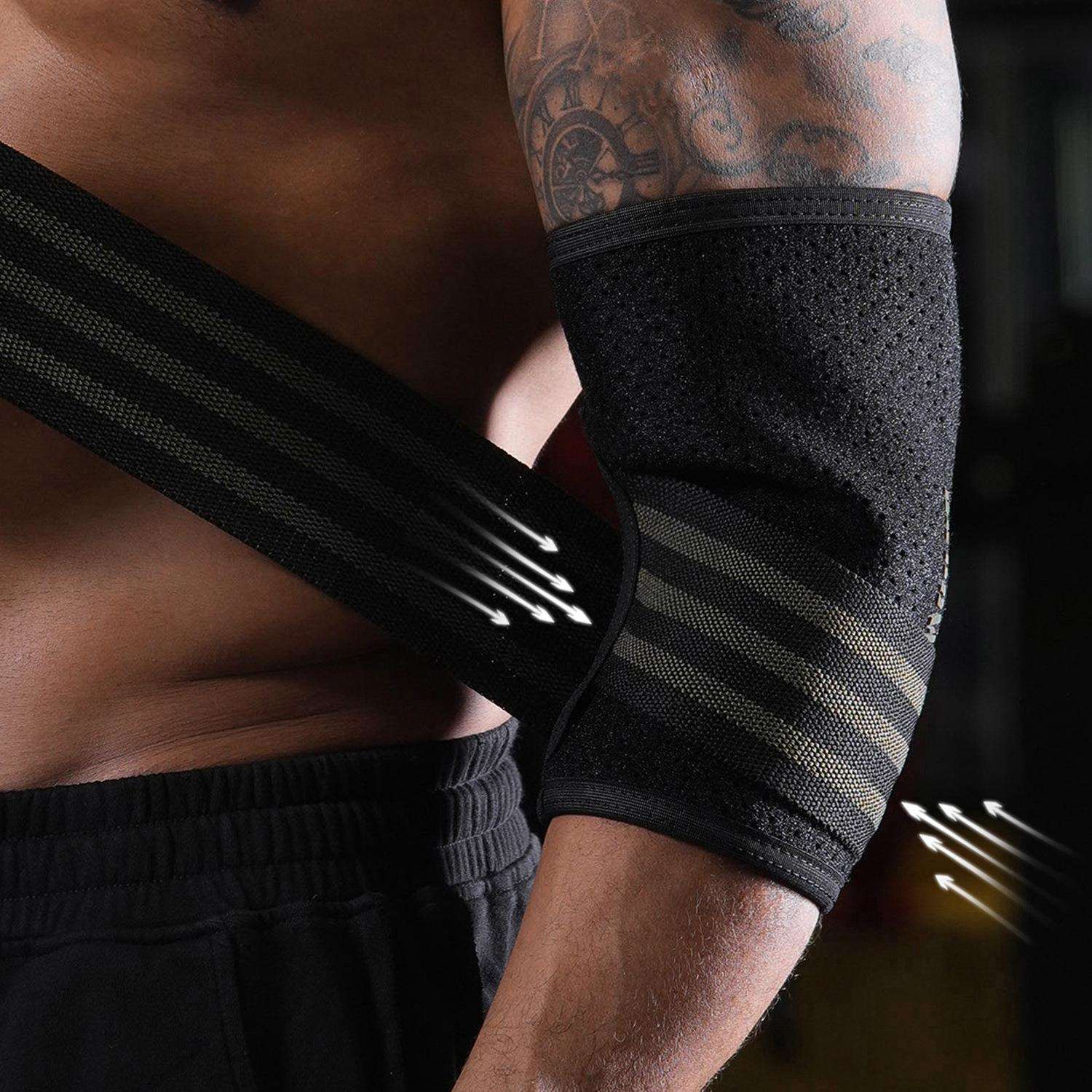 新款健美站缠绕式健身护肘男专业卧推训练双重加压绷带绑肘护具