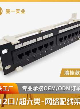 曼一网络配线架1u12口超六类非屏蔽Rcat.6a墙壁RJ45墙挂弱电箱款