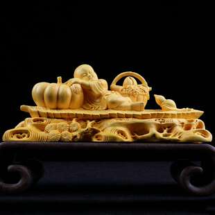 黄杨木雕好年头创意实木摆件 客厅家居装饰人物大丰收寓意工艺品