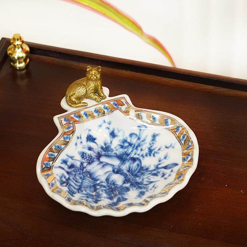 陶瓷欧式宫廷风青花陶瓷配铜果盘收纳盘皂盒奢华装饰摆件