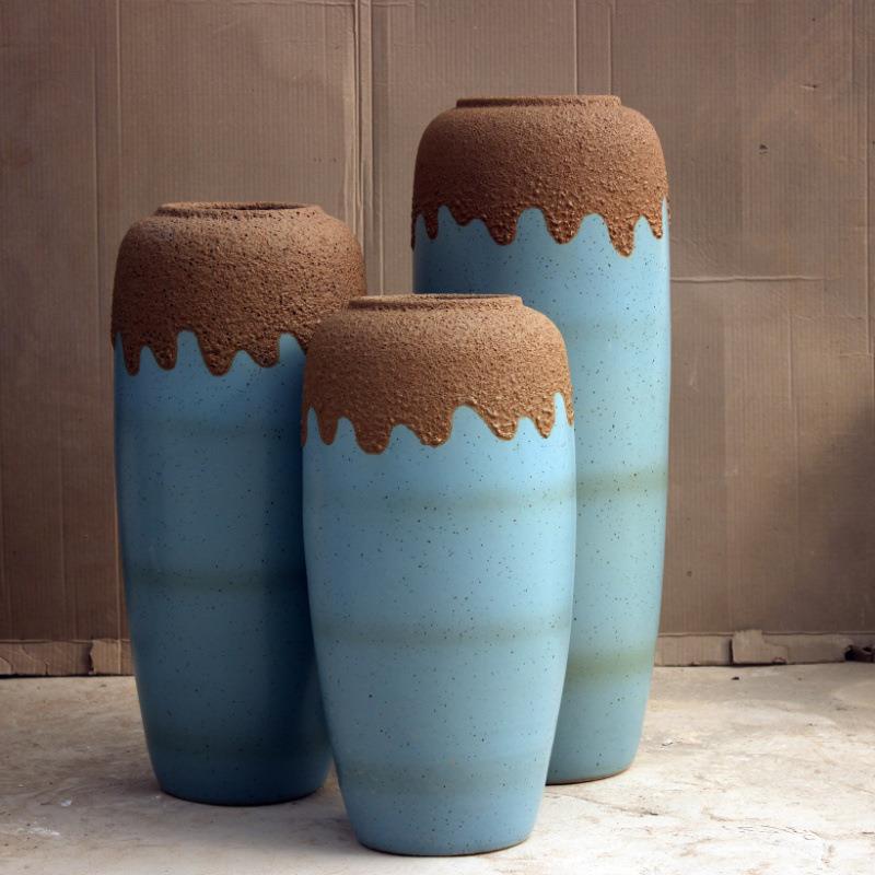 高温陶瓷土陶罐摆件落地大花瓶插花陶缸家居装饰花瓶插花器三件套