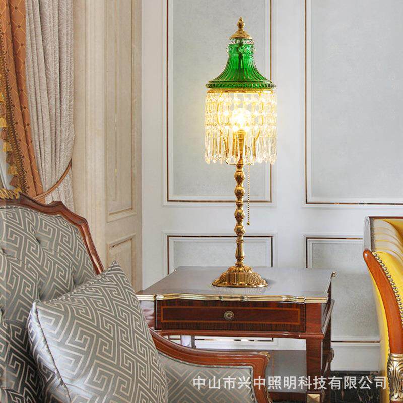 法式全铜水晶客厅台灯欧式别墅复古卧室床头装饰灯奢华个性书房灯