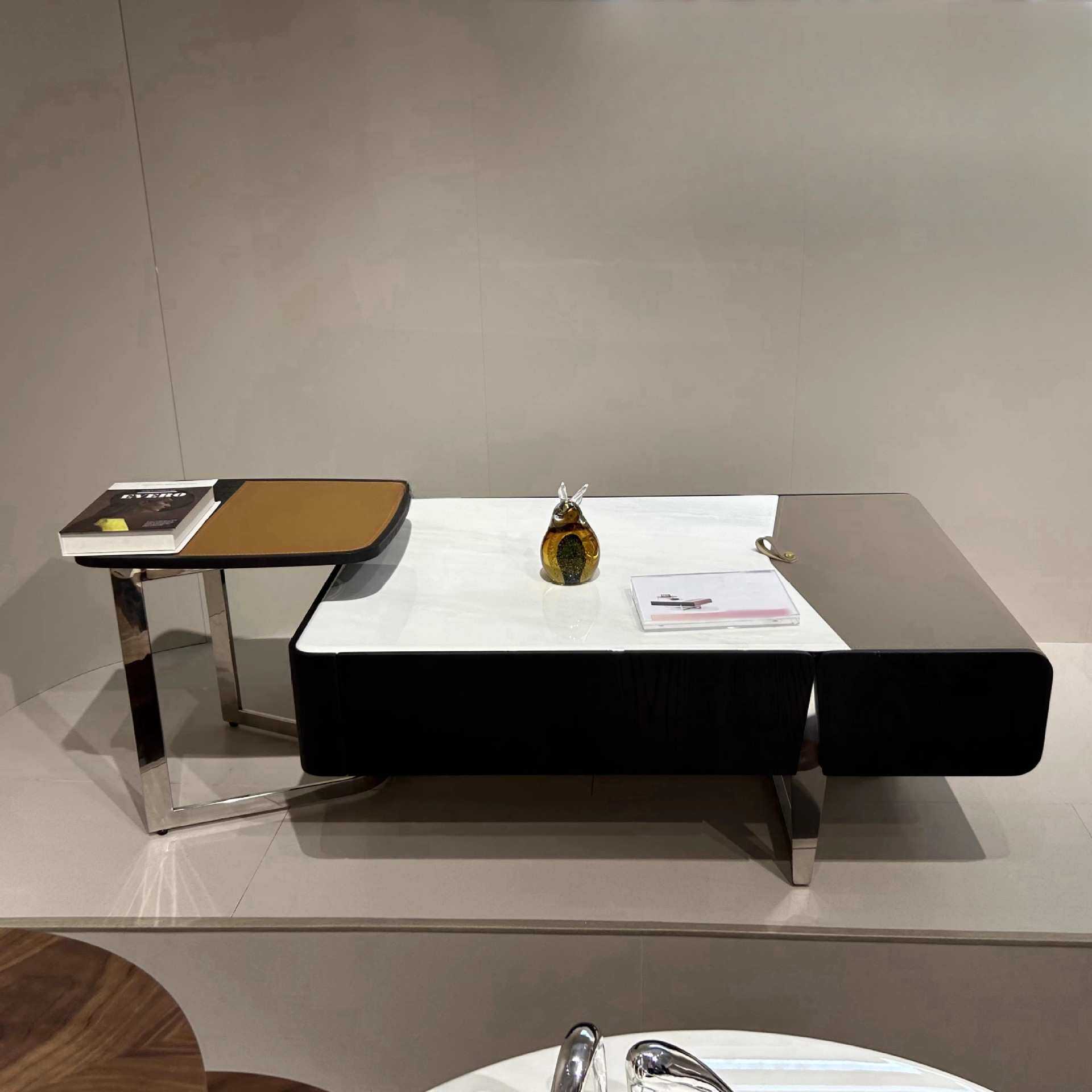 2025新微晶石组合茶几黑胡桃色意式极简客厅茶几马鞍皮创意长茶几