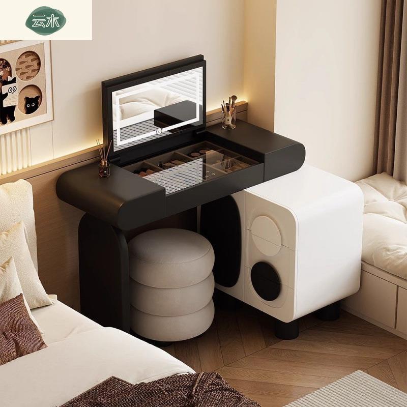 简约翻盖款梳妆台小户型实木化妆桌卧室奶油复古风斗柜一体梳妆台