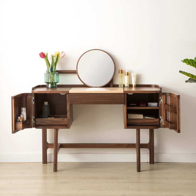 北欧简约实木梳妆台书桌一体带镜子卧室化妆桌扇面梳妆台化妆凳