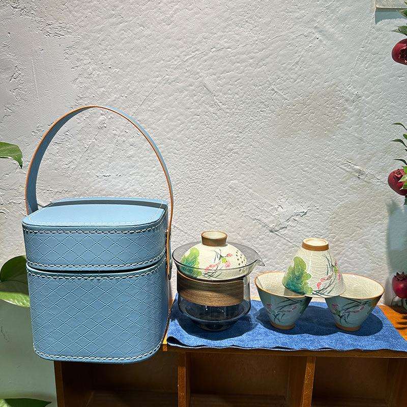 哥窑釉下手绘荷花斗笠杯旅行茶具茶杯便携小套装户外一壶三杯快客