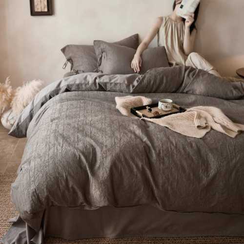 A类全棉立体浮雕磨毛四件套秋冬加厚简约系带纯棉提花床上三件套4