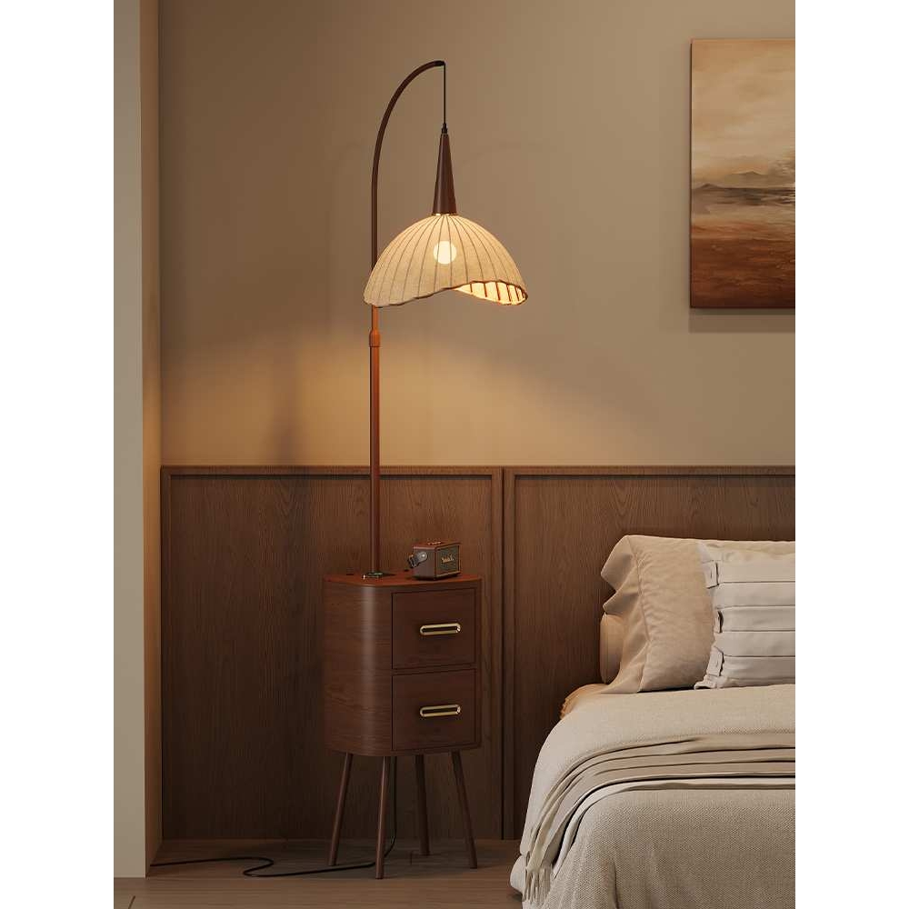 ?复古风落地灯卧室床头柜台灯一体中古风感床头灯沙发旁置物