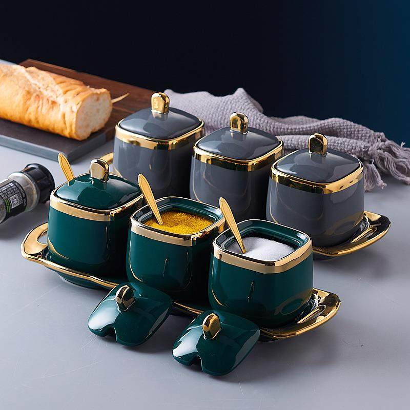 跨境轻奢陶瓷调味罐厨房用品调料罐套装家用调料盒三件套盐罐