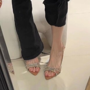 2024新款水钻高跟凉鞋女夏季透明气质百搭细跟高跟鞋尖头鱼唇凉鞋