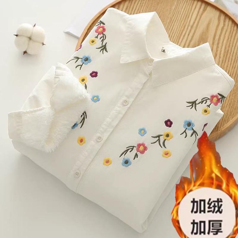 一体绒加绒加厚衬衫女白色保暖职业装小花刺绣纯棉长袖秋冬新款潮