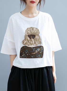 清濯白色竹节棉背影图案宽松圆领T恤女文M艺落肩五分袖遮肉短款