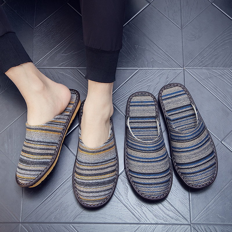 包头春秋家居亚麻拖鞋居家用男女室内牛筋底防滑情侣布艺四季拖鞋
