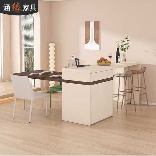 奶油风岩板岛台餐桌一体多功能家用客厅厨房M吧台隔断柜饭桌7E55