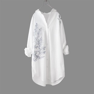 文艺范春秋百搭素雅刺绣树叶全棉白色宽松中长款长袖X衬衫女打底