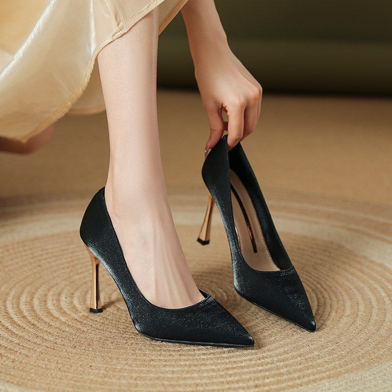 黑色高跟鞋女2024新款绸缎尖头细跟单鞋通勤百搭上班职业工作单鞋,女鞋,浅口单鞋,淘宝优惠券,粉丝福利购,淘宝优惠卷