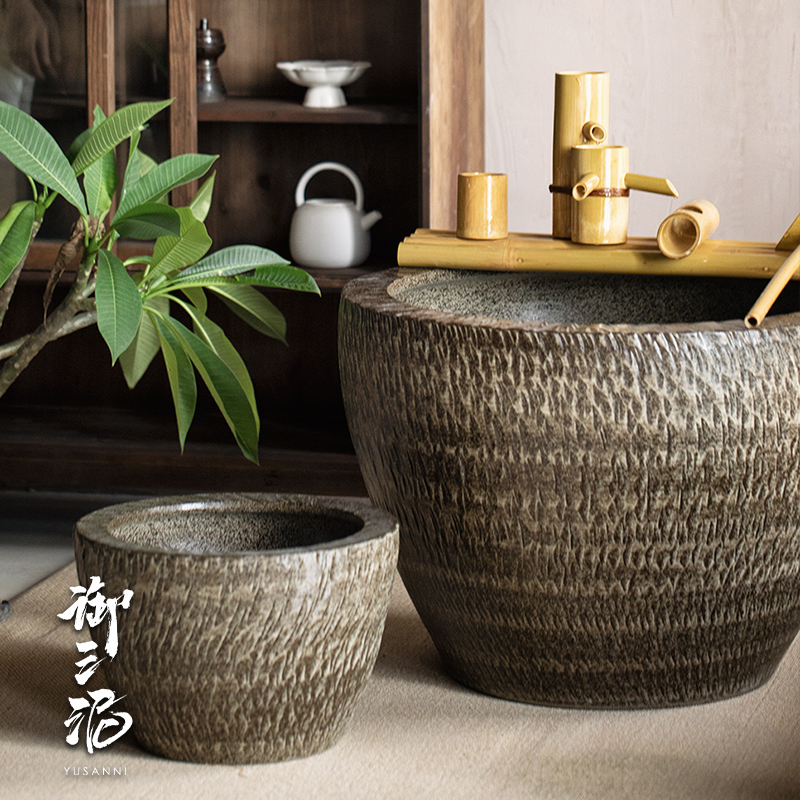 鱼缸落地摆件庭院园林现代陶瓷平口大缸粗陶手工圆坛水缸大花盆