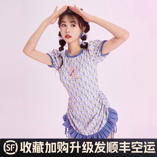 新款小羊印花连体泳衣泡泡袖抽绳裙式法式遮肚显瘦保守少女风泳装