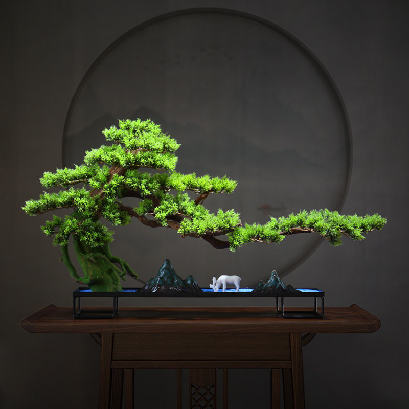 仿真迎客松盆景摆件o室内景观植物盆栽松树造景装饰办公室中式玄