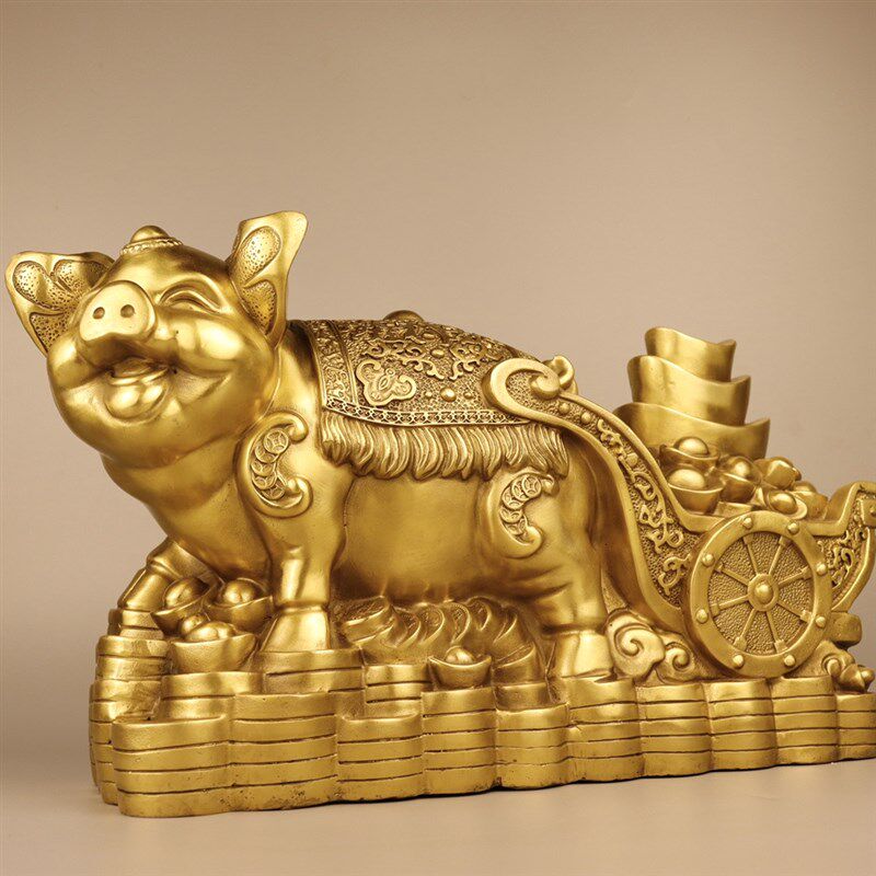 金猪摆件铜元宝猪生肖猪家居前台桌面装饰品大号猪拉元宝金钱福猪