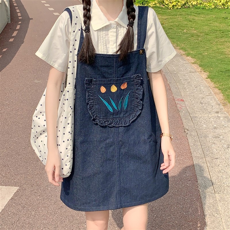 【翻斗花园日记】新款p夏季刺绣牛仔背带裙女韩系设计感小众小个