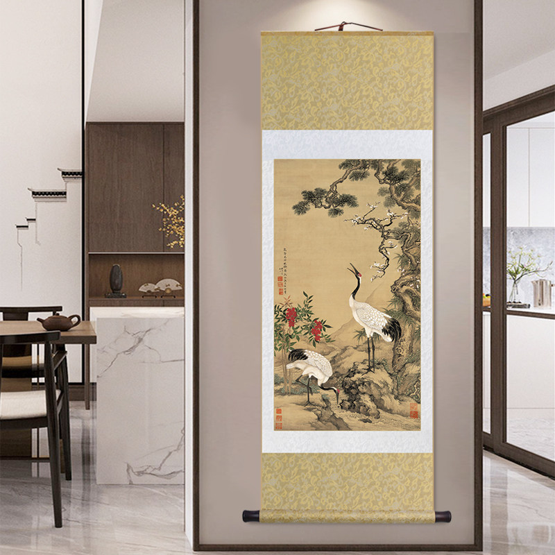 名家沈铨松梅双鹤图卷轴挂画仙鹤图立轴装L饰画玄关画书房茶室壁
