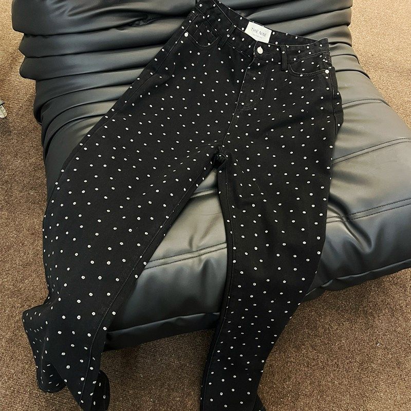 150cm九分黑色波点牛仔阔腿裤女夏季宽松百搭1N45xs窄版网红直筒