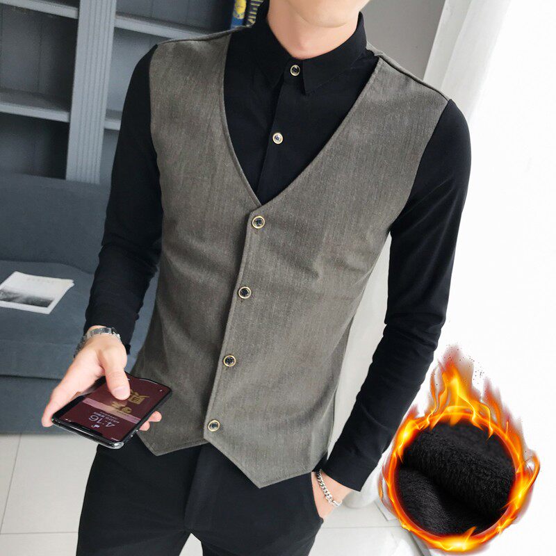 发型师夜场KTV工作服马甲男美B发师技师服装假两件加绒厚长袖衬衫