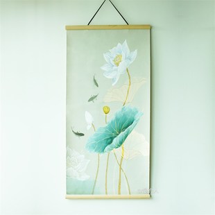 现代中式圆木挂轴画 卷轴画 高清喷绘 原木色 定制尺寸/画面/材质