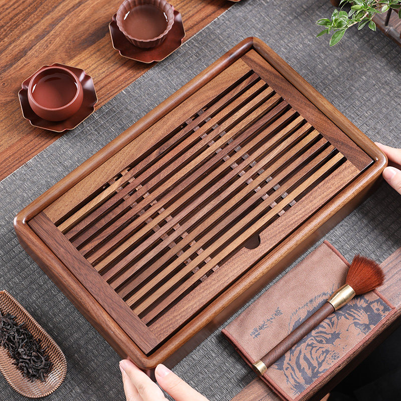 胡桃木功a夫茶盘镂空沥水托盘家用茶具干泡茶台蓄水式茶海茶水接