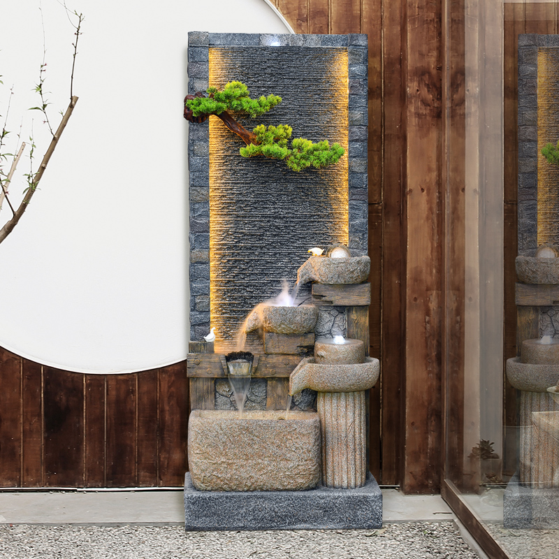 中式会所布景田园石磨水幕墙流水墙摆件屏风庭院喷泉自循环水隔断