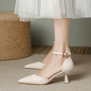 米白色一字带包头凉鞋女细跟高跟2024春夏季新款三公分不累脚单鞋