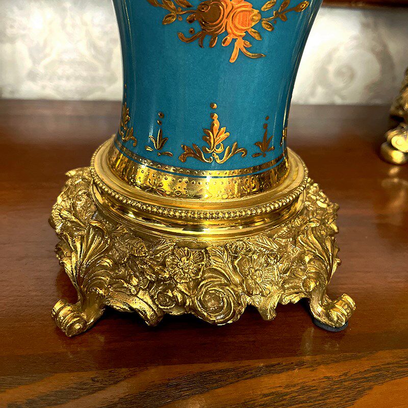 一等品 蓬巴杜绿色 奢华铜配瓷法式中古花瓶美式别墅欧式摆件