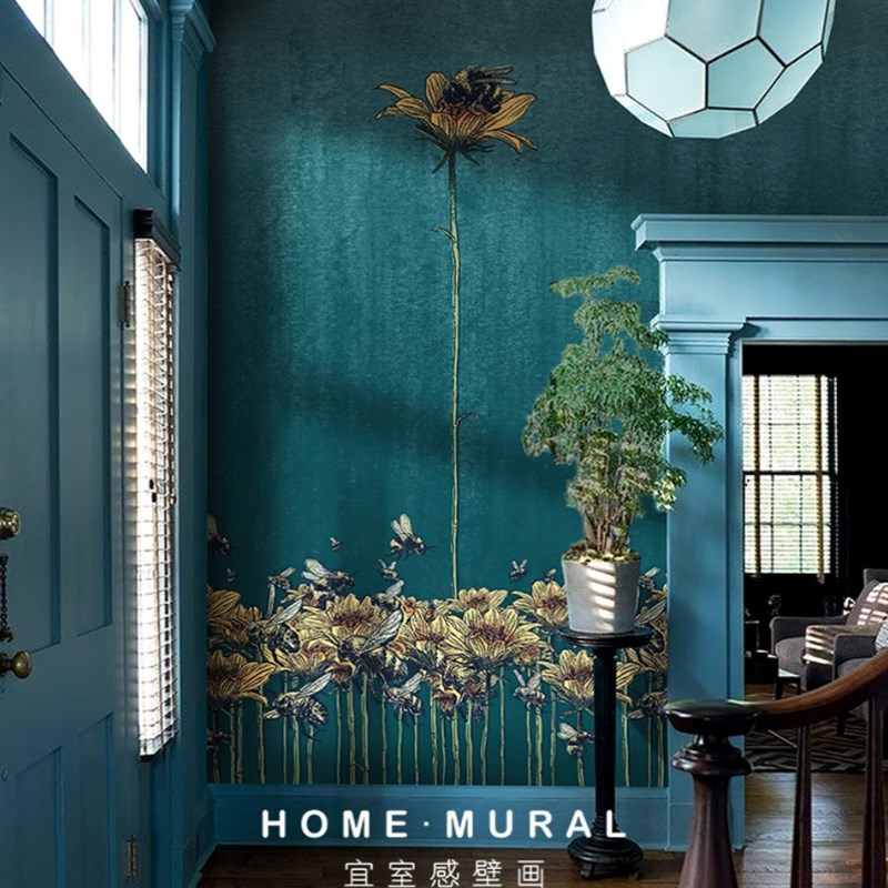 北欧个性高级蓝玄关酒店花朵壁纸画卧室背景M墙墙布客餐厅沙发墙